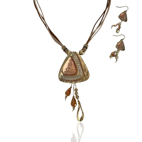 Necklace and Earring Set, Gold, Copper, Khaki, 4 Strand Brown, 20"-23" - Picture 3 of 5